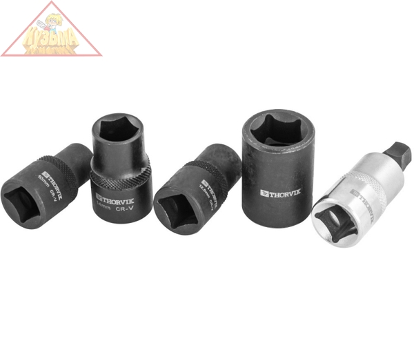 Набор головок торцевых и насадки со вставкой-битой с пятигранным профилем для обслуживания тормозных механизмов 1/2"DR, 5 предметов Thorvik PBCSS5