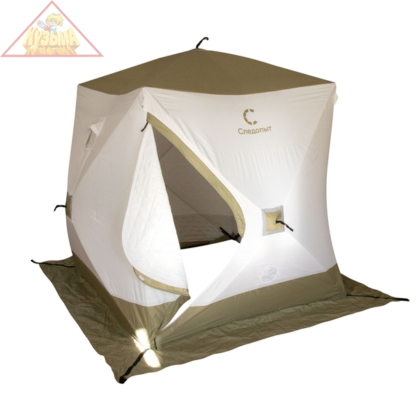 Палатка зимняя куб СЛЕДОПЫТ "Premium" 2,1х2,1 м, S по полу 4,4 кв.м, 3 слоя, цв. оливковый/белый, PF-TW-14