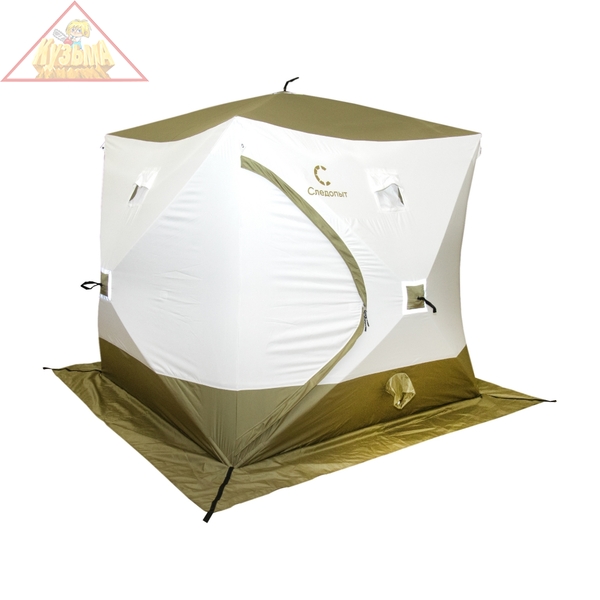 Палатка зимняя куб СЛЕДОПЫТ "Premium" 2,1х2,1 м, S по полу 4,4 кв.м, 3 слоя,  2 двери, цв. олив/бел, PF-TW-40