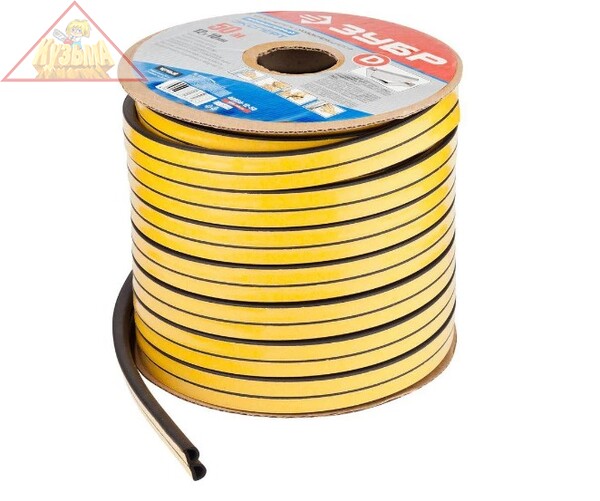 Уплотнитель ЗУБР "ЭКСПЕРТ" промышленный, самоклеящийся, черный, D-профиль, на бобине, 12ммх10мм, 50м 40950-12-50